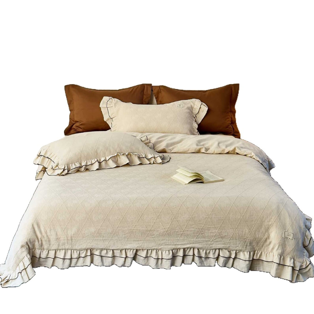 Cotton-linen bedspread and pillow set with diamond quilting and ruffle
