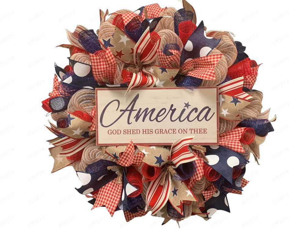 Unisex nan patriotic burlap starburst wreath with layered mesh petals and jute rosette center Kalsten