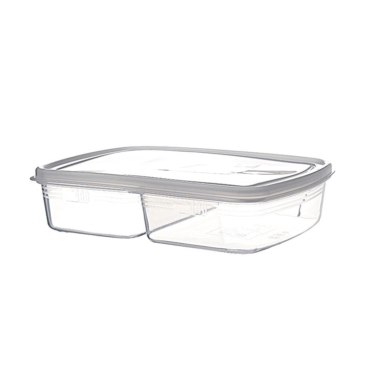 Three-piece fresh-keeping container made of clear plastic with an airtight silicone lid and separating compartments