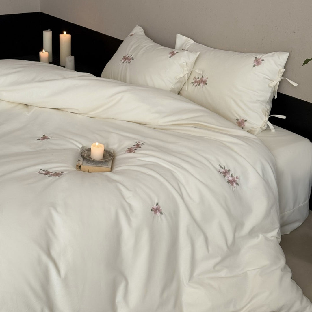 High-quality cotton bedding set with embroidered floral accents