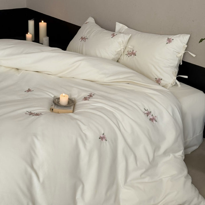 High-quality cotton bedding set with embroidered floral accents