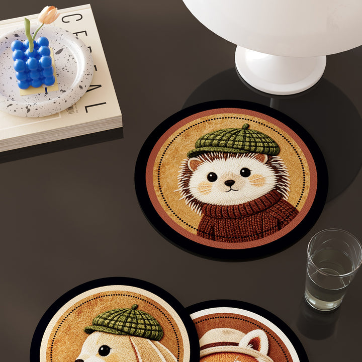 Round Embroidered Faux-Leather Drink Coaster Set with Non-Slip Backing