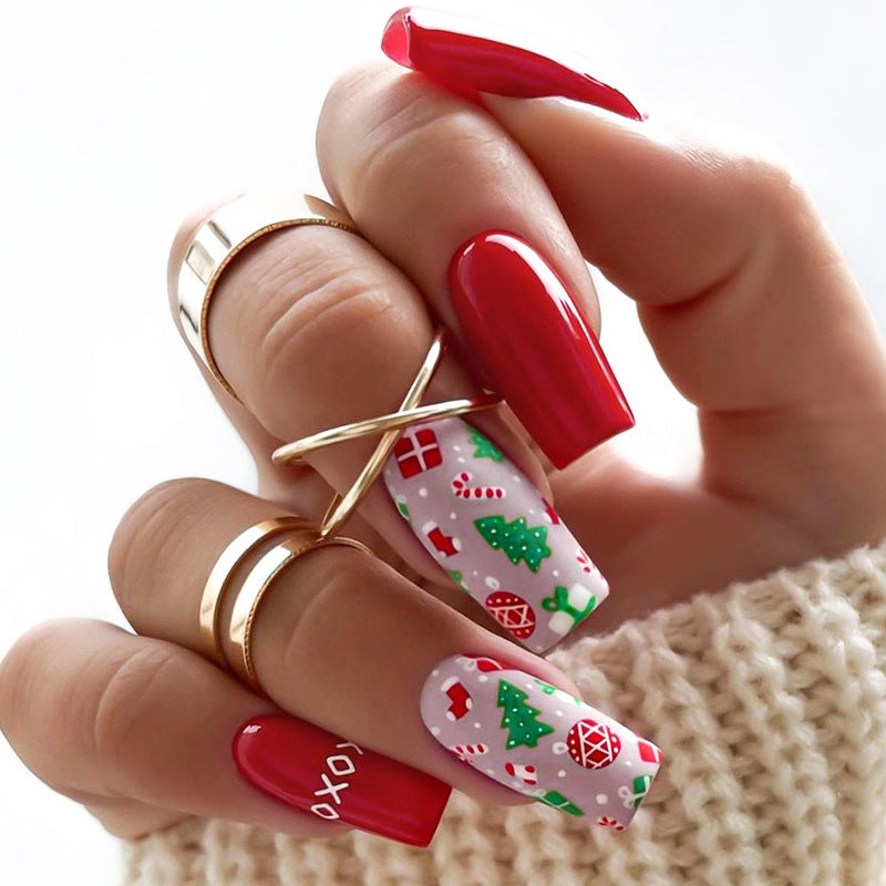 Artificial nail set with festive Christmas designs and glamorous glitter Kalsten