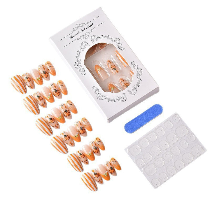 Artificial Nail Set with Autumn Pumpkin and Leaf Designs Kalsten