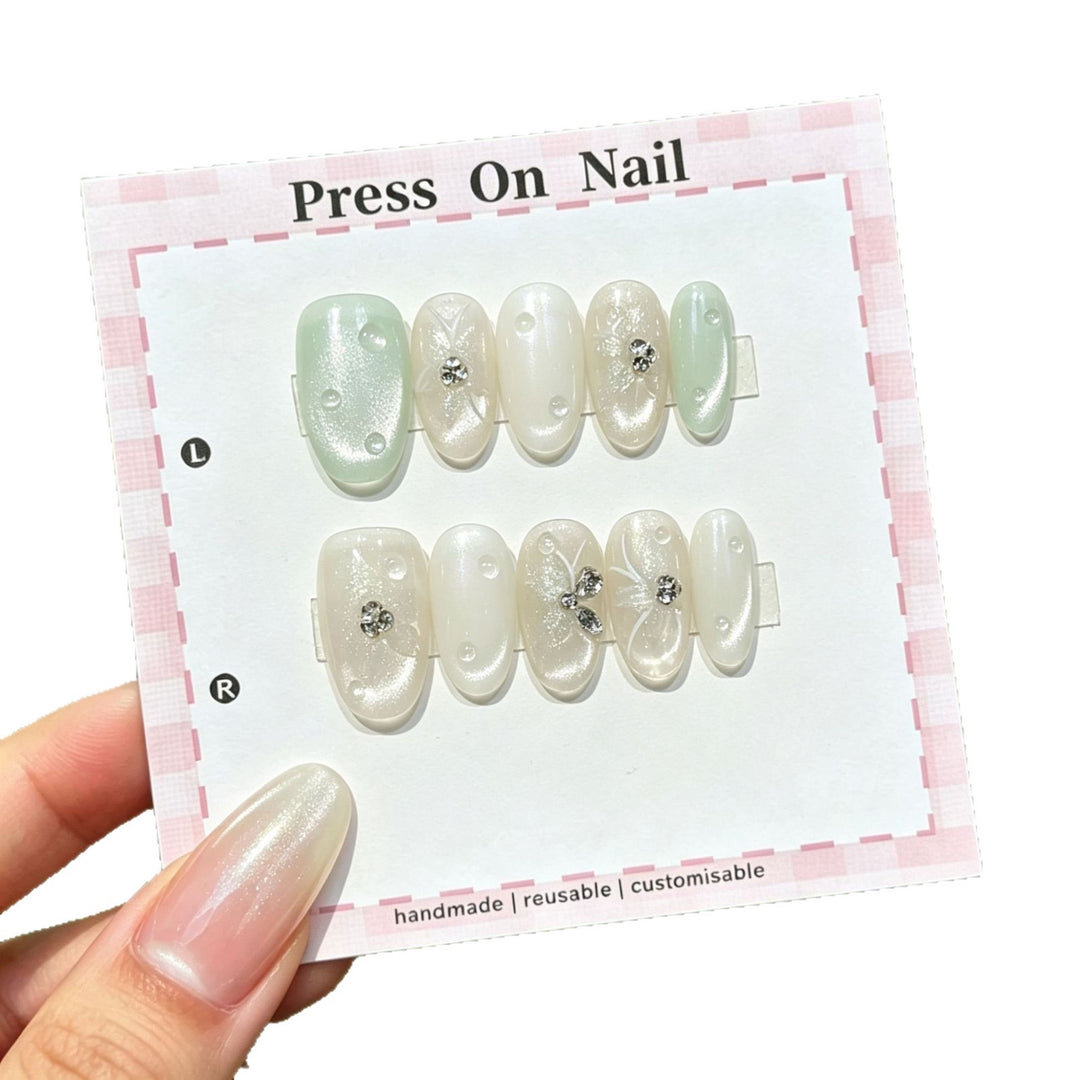 Artistic Press-On Nails Set with Gem Accents