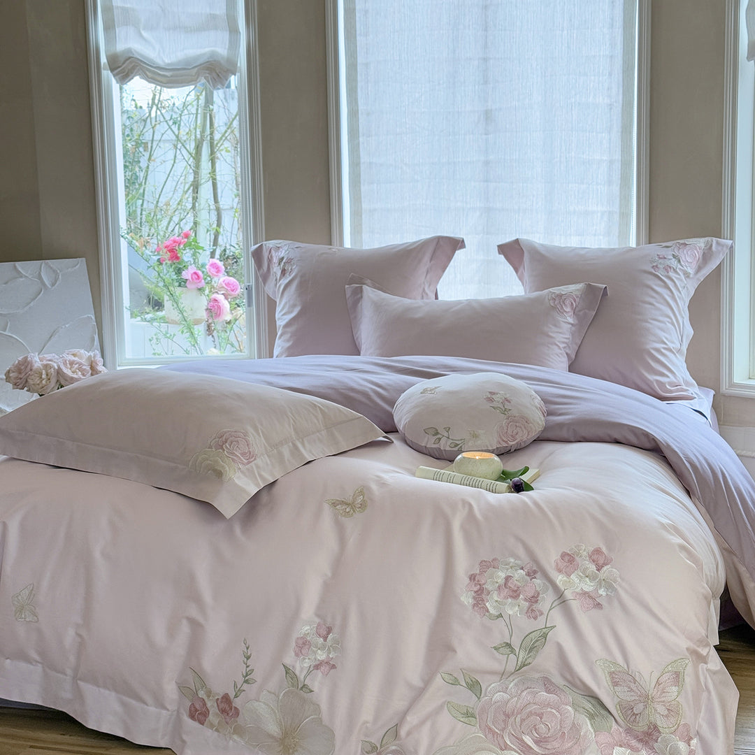 luxurious cotton satin bed linen set with floral embroidery