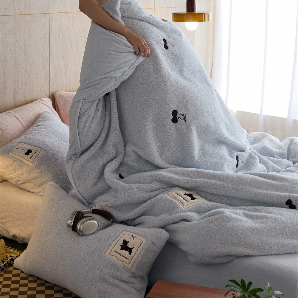 Cozy fleece bedding set with embroidered cherries and appliqués