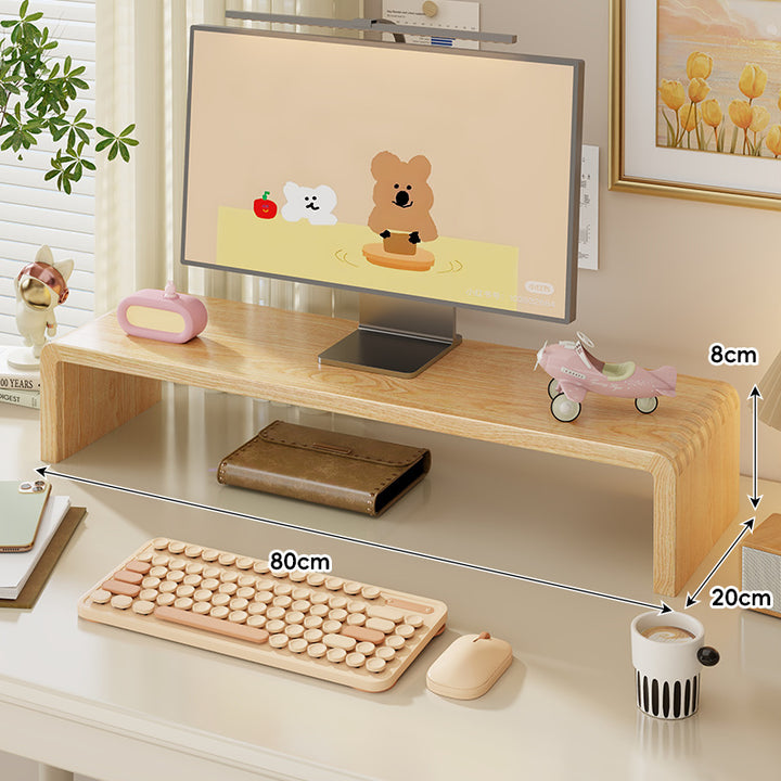 Wide Solid Wood Curved Desktop Monitor Stand Riser with Under-Shelf Storage