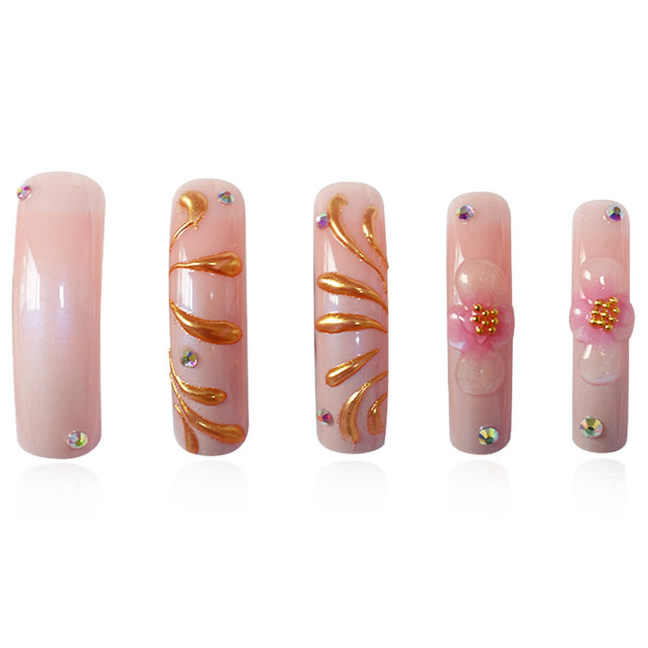 Glamorous 3D Floral Press-On Nails with Gold Accents Kalsten
