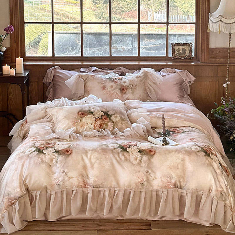 Romantic ruffled bedding set made of fine cotton satin with watercolor flower print & ruffled bed skirt