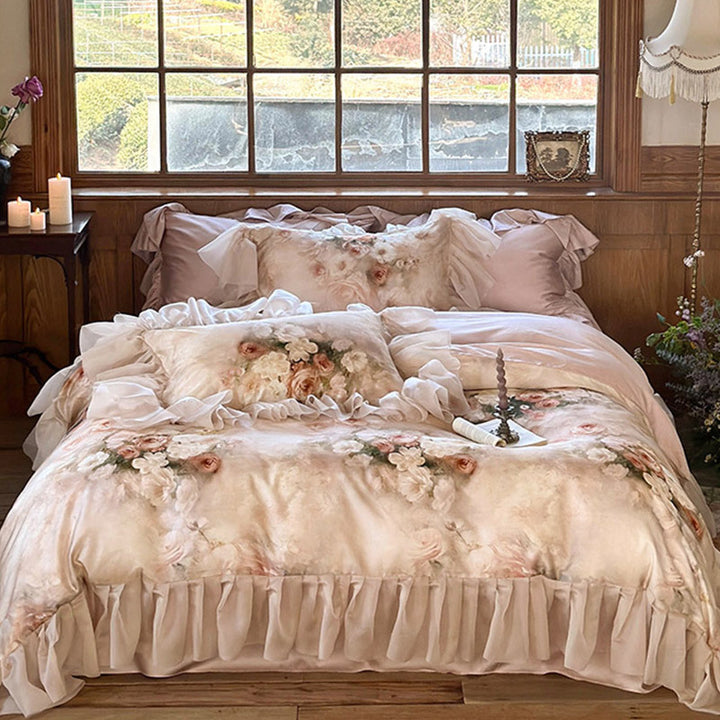 Romantic ruffled bedding set made of fine cotton satin with watercolor flower print & ruffled bed skirt