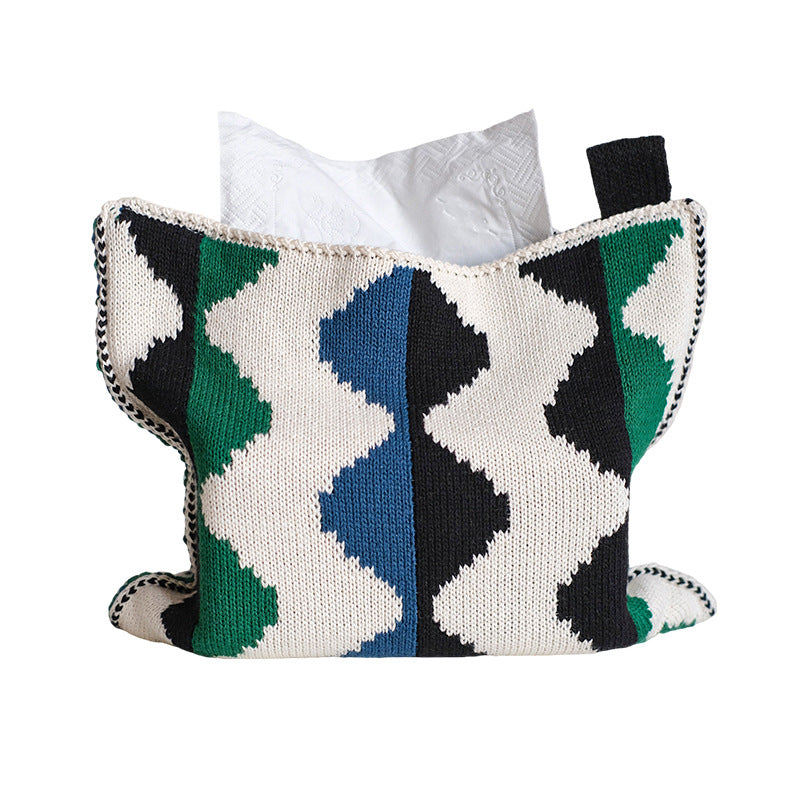 Knitted tissue box cover with geometric wave pattern