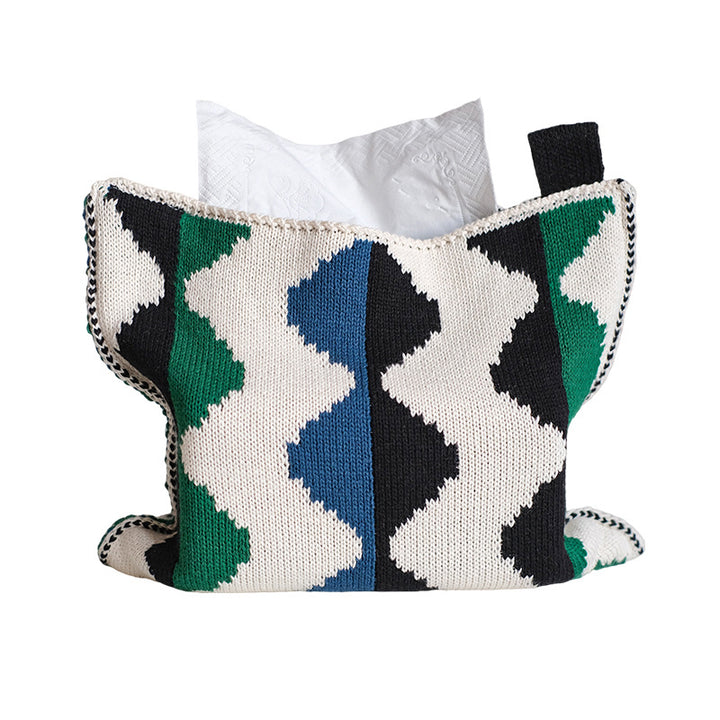 Knitted tissue box cover with geometric wave pattern