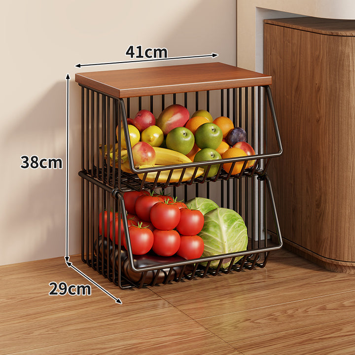 Compact Triple-Tier Rolling Wire Vegetable and Fruit Storage Cart with Wooden Top
