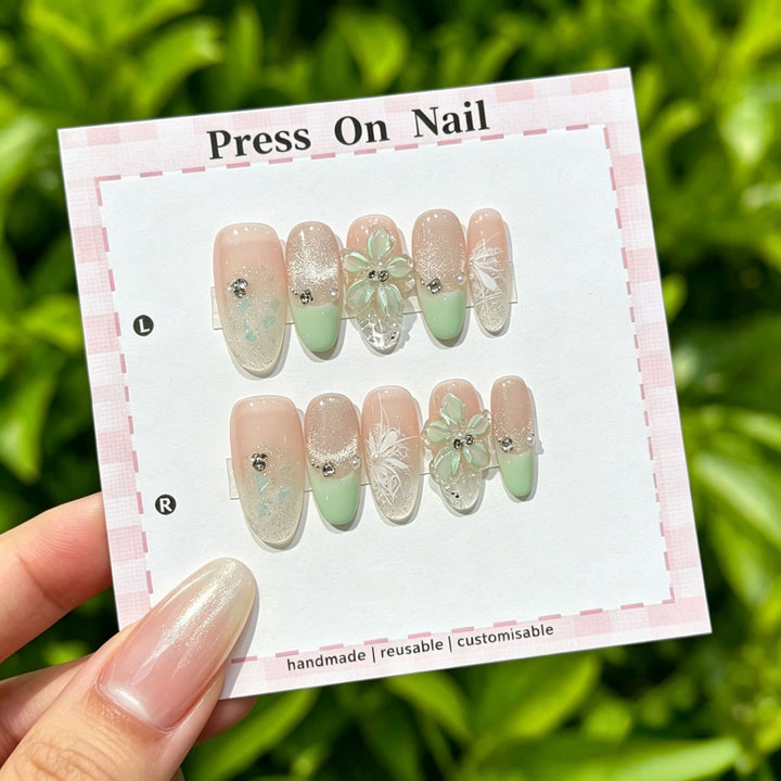 Artistic Press-On Nail Set with Floral and Patterned Designs
