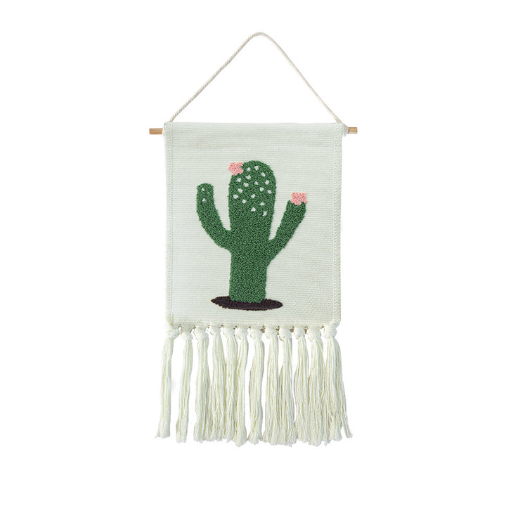 Tufted wall hanging with cactus motif, cotton fringes and wooden stick