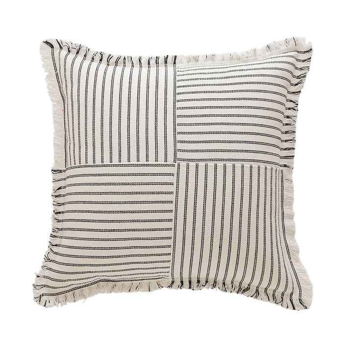 Decorative Rectangular Striped Patchwork Throw Pillow with Fringed Edges