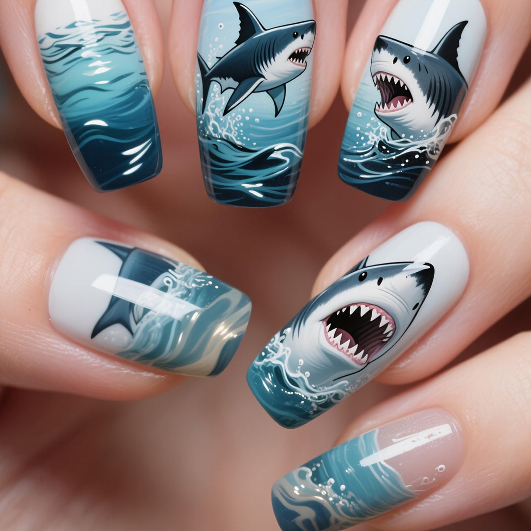 Shark-Inspired Artistic Gel Nail Art Kalsten