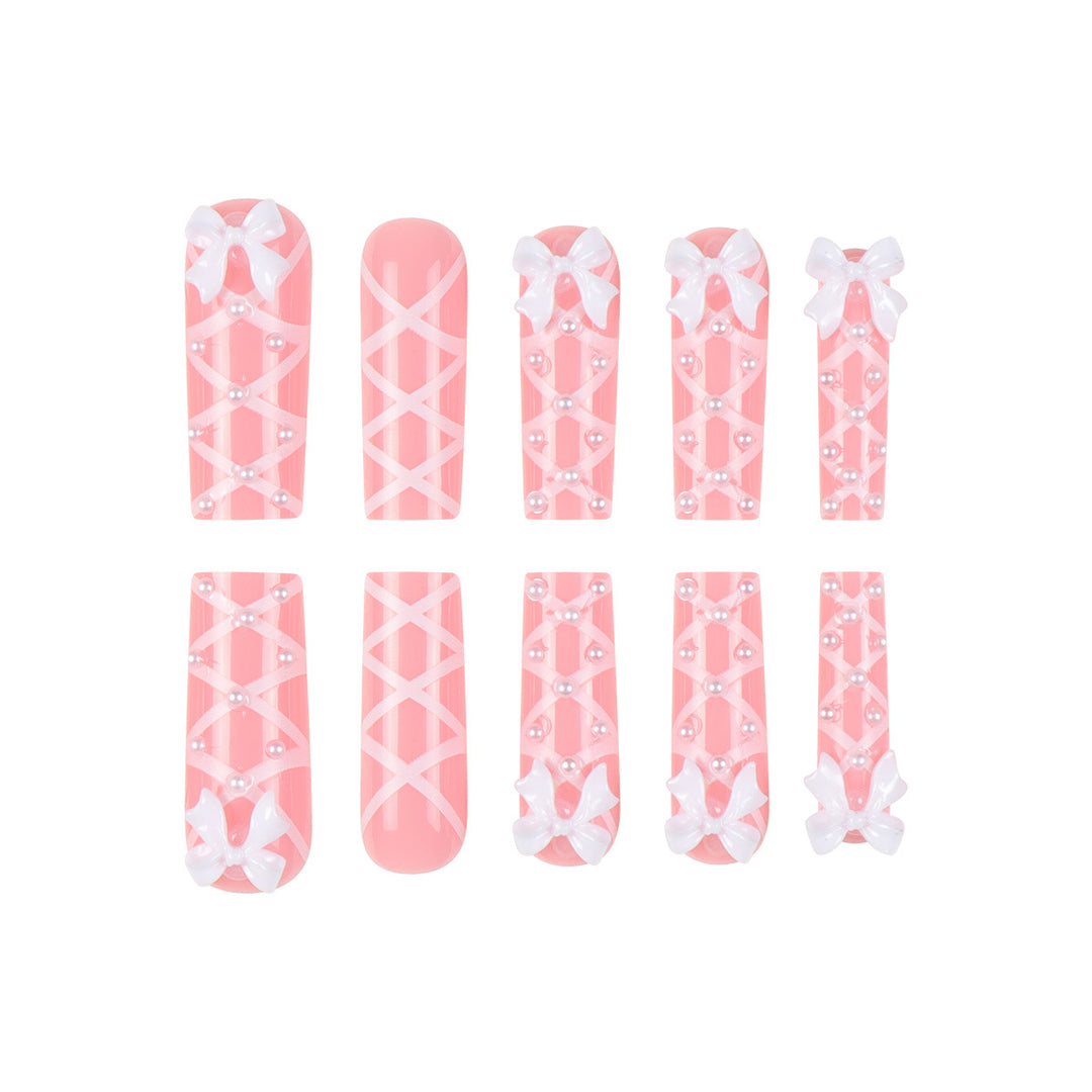 Decorative Press-On Nail Art Extensions with Bow and Pearl Design Kalsten