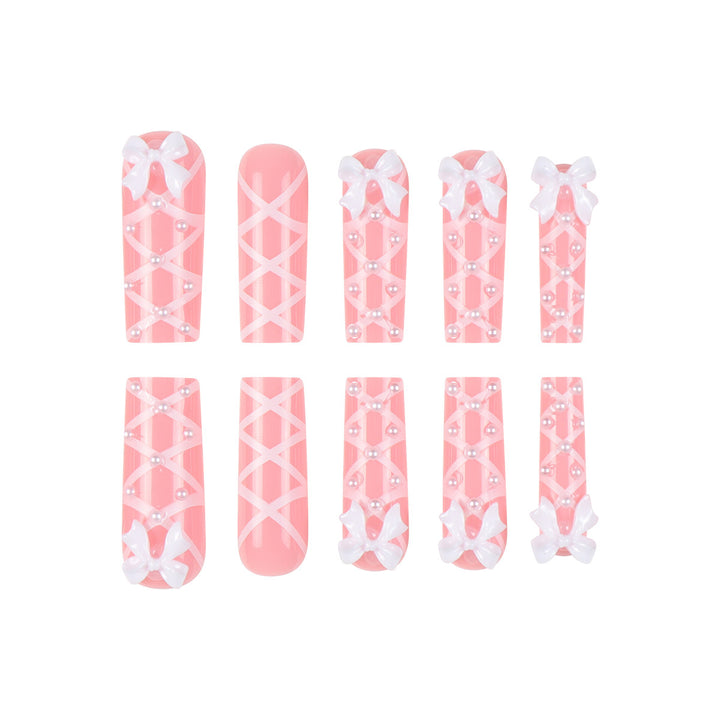 Decorative Press-On Nail Art Extensions with Bow and Pearl Design Kalsten