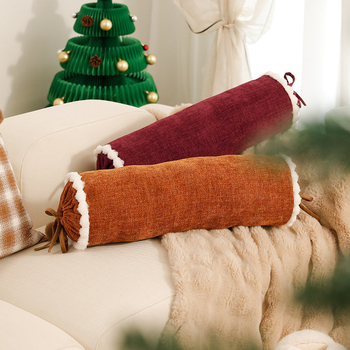 Cylindrical lumbar and neck pillow with velvety chenille surface and crocheted trim Kalsten