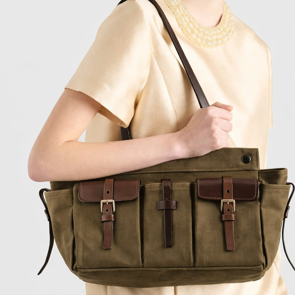Multi-Pocket Canvas Tote Handbag