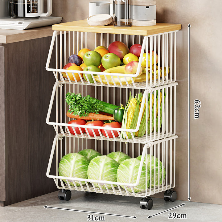 Multi-Tier Rolling Kitchen Pantry Cart with Wood Top and Deep Wire Storage Baskets