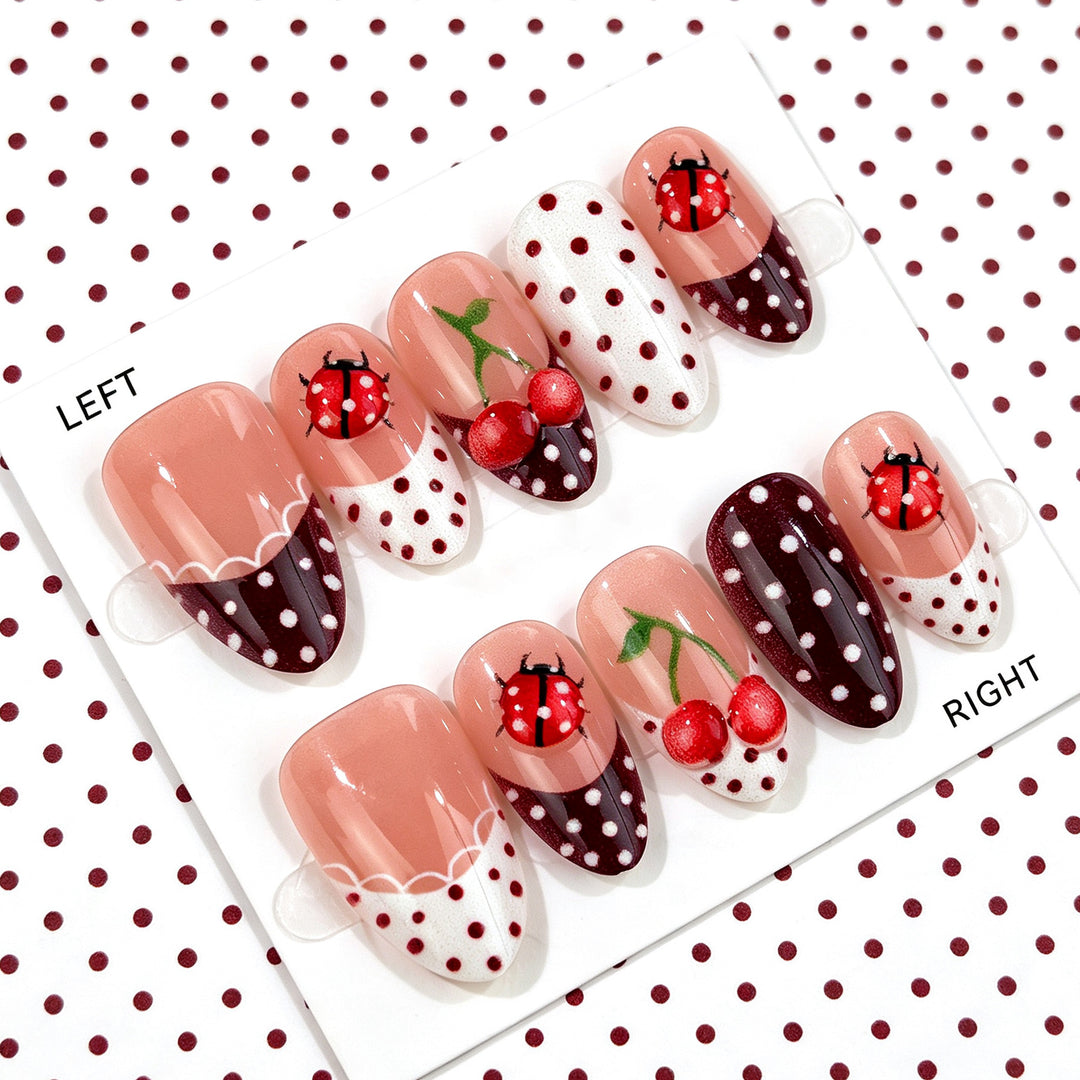 Artistic Ladybug and Cherry Press-On Nail Set