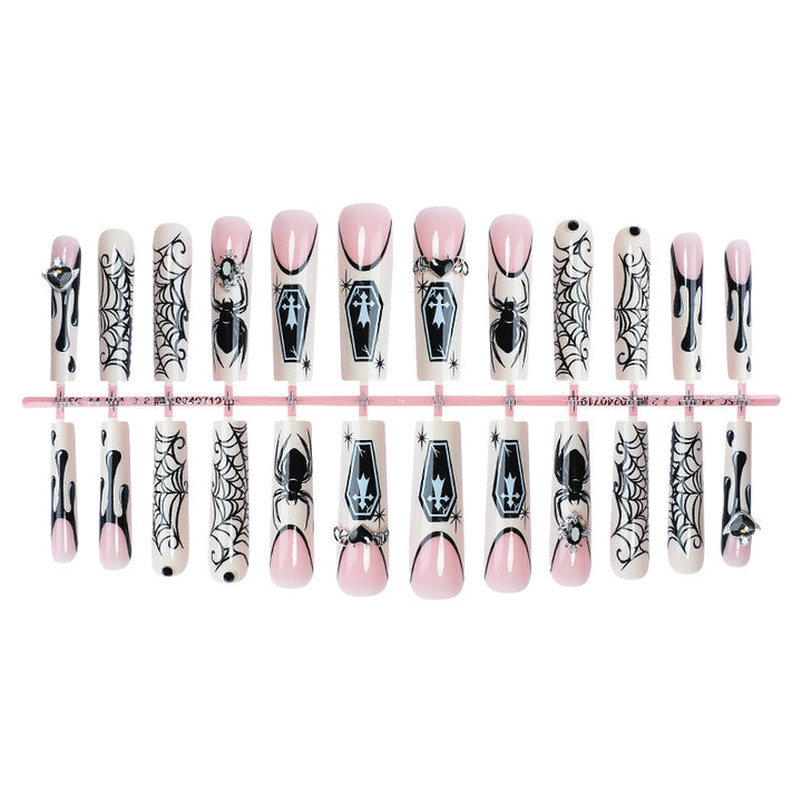 Gothic-Themed Press-On Nail Art Set with Spider and Coffin Designs