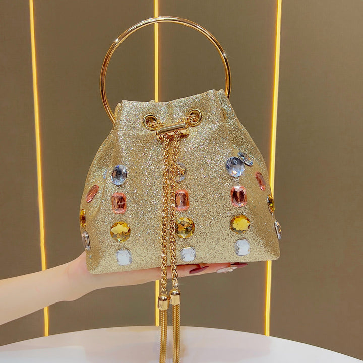 Sparkling Rhinestone-Embellished Drawstring Handbag