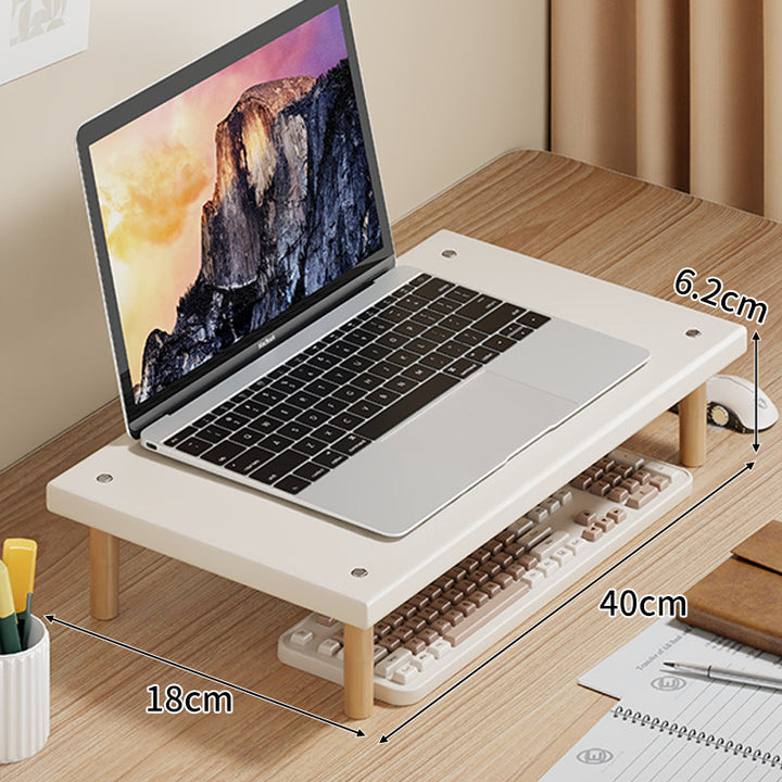 Compact Desktop Laptop and Monitor Riser with Under-Keyboard Storage and Wood Legs