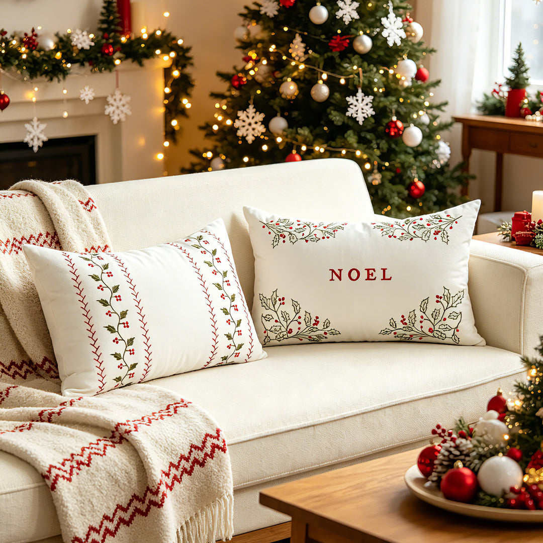Embroidered Holiday Lumbar Throw Pillow Cover with NOEL Holly Motif