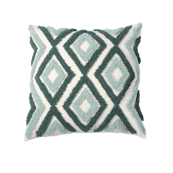 Decorative Textured Cotton Throw Pillow with Tassels and Tufted Geometric Pattern