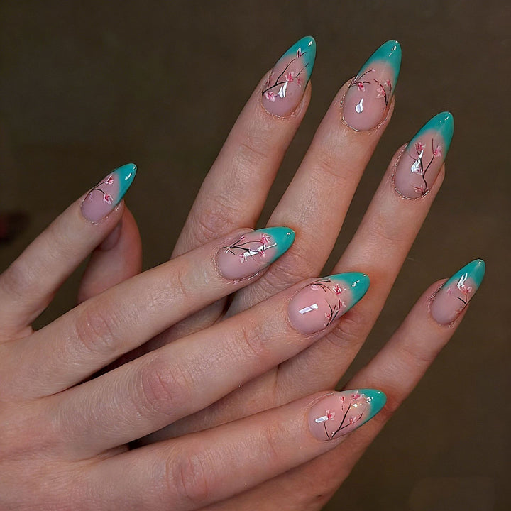 Artistic Press-On Nails with Floral Design