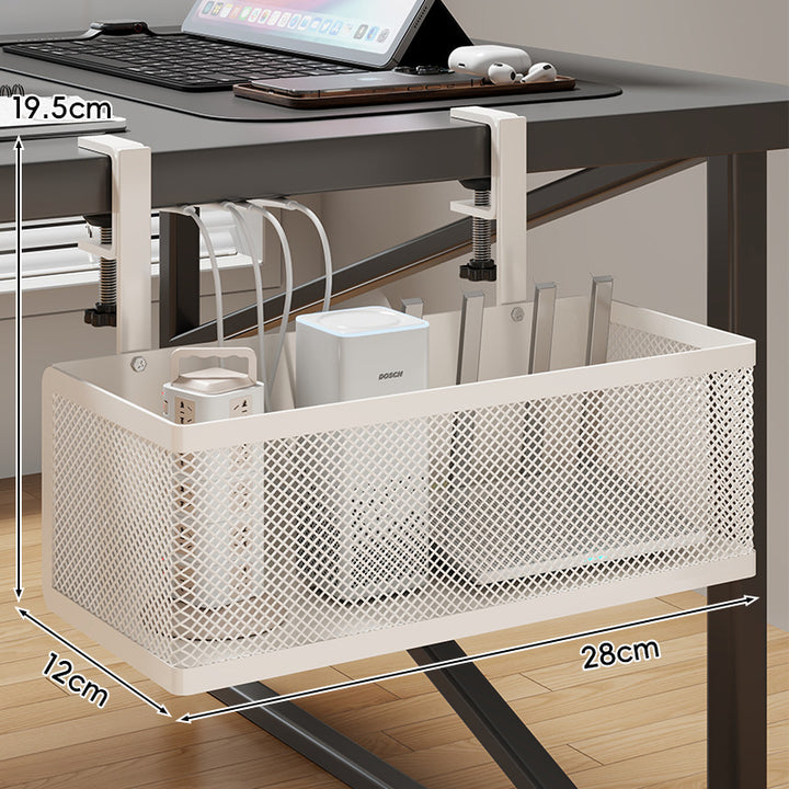 Under-Desk Clamp-On Mesh Cable and Power Strip Organizer Basket