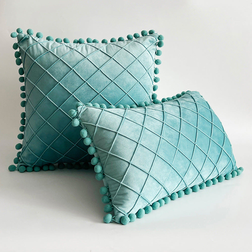 Decorative Velvet Pom-Pom Grid Tufted Throw Pillow Cover