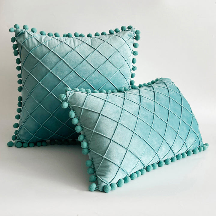 Decorative Velvet Pom-Pom Grid Tufted Throw Pillow Cover
