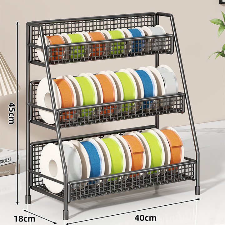 Angled Multi-Tier Spool and Tape Storage Rack with Wire Mesh Baskets