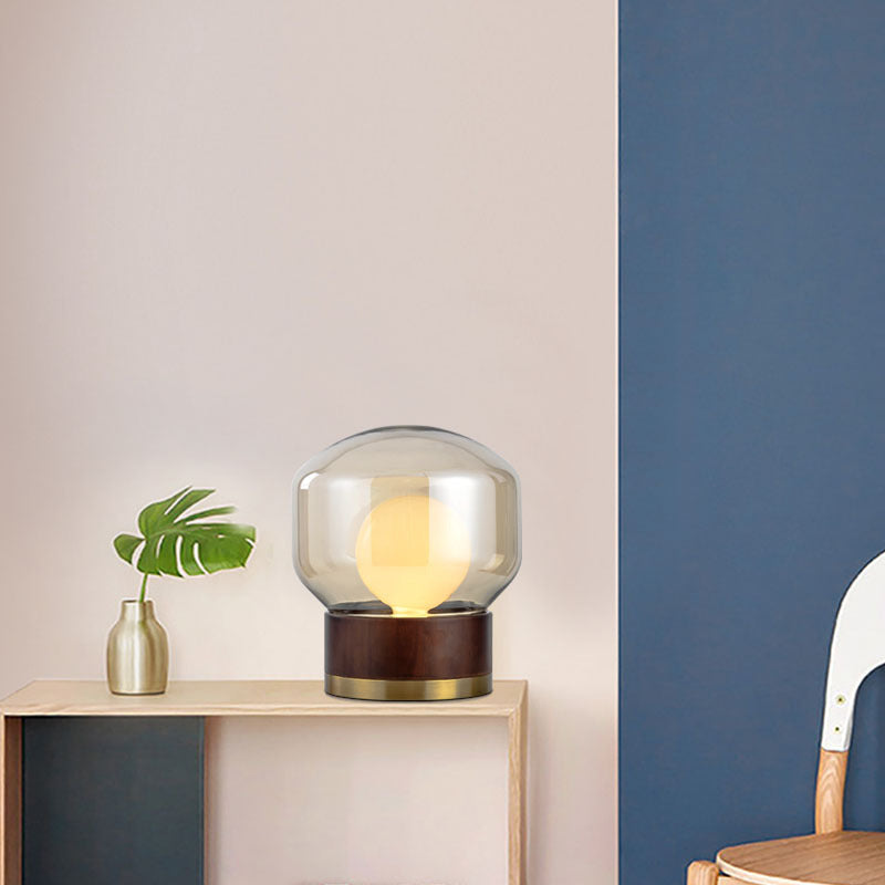 Modern Glass Table Lamp with Wooden Base and Gold Accents