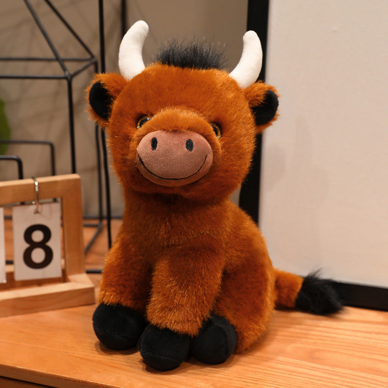 Sitting Plush Bull Decorative Soft Toy with Embroidered Snout, Horns & Soft Faux-Fur Kalsten