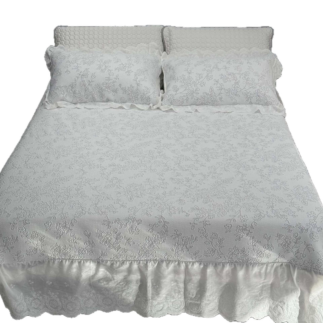 Quilted cotton bedspread set with honeycomb quilting, lace trim, and matching pillow covers