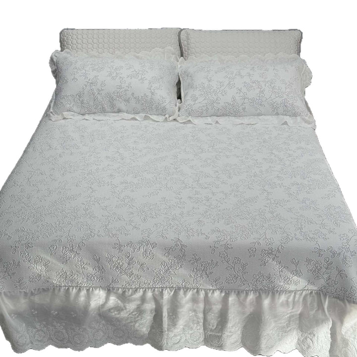 Quilted cotton bedspread set with honeycomb quilting, lace trim, and matching pillow covers