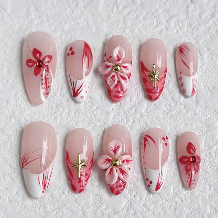 Artificial Nail Set with Floral Designs and 3D Decorations Kalsten