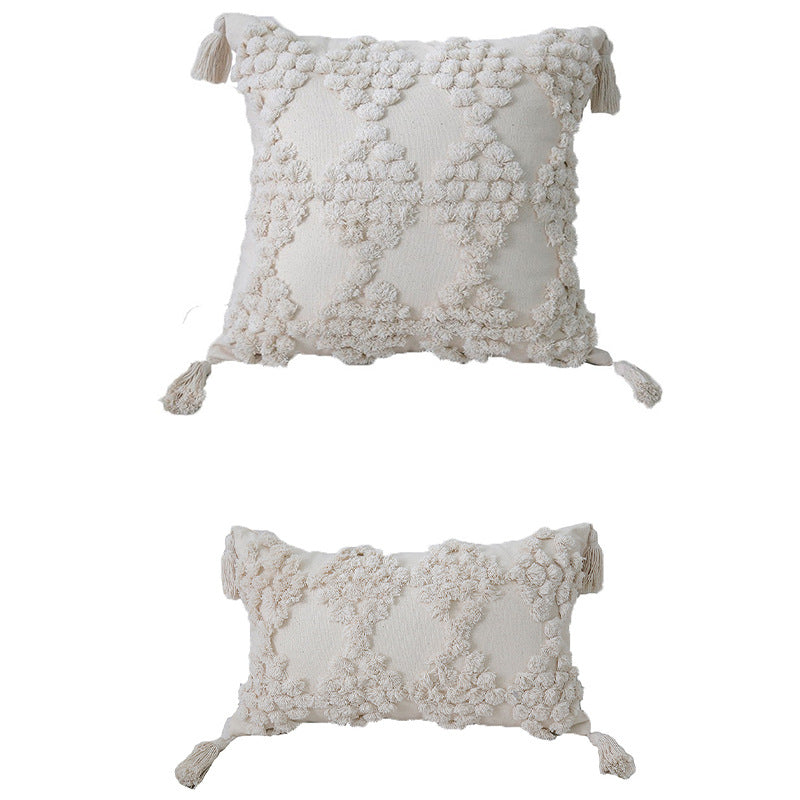 Decorative Boho Tassel Throw Pillow with Textured Diamond Tufting