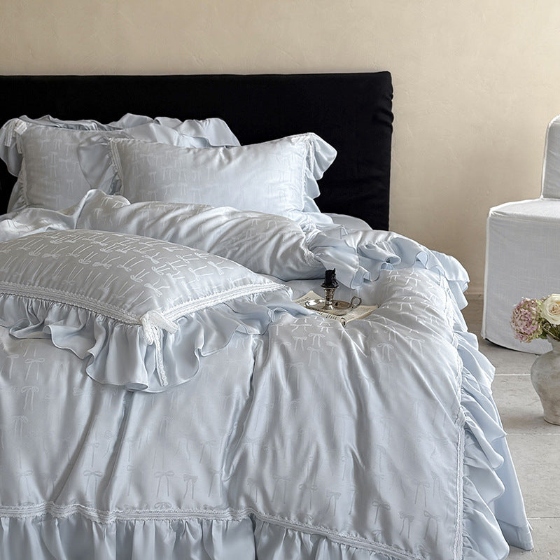 Luxurious satin bedding set with ruffles and fine bow jacquard