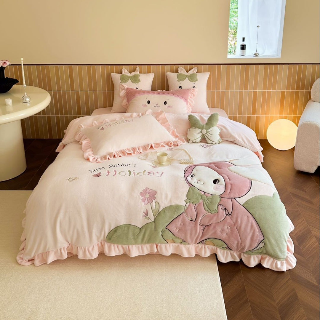 Cozy reversible bedding set with moon and bunny appliqué