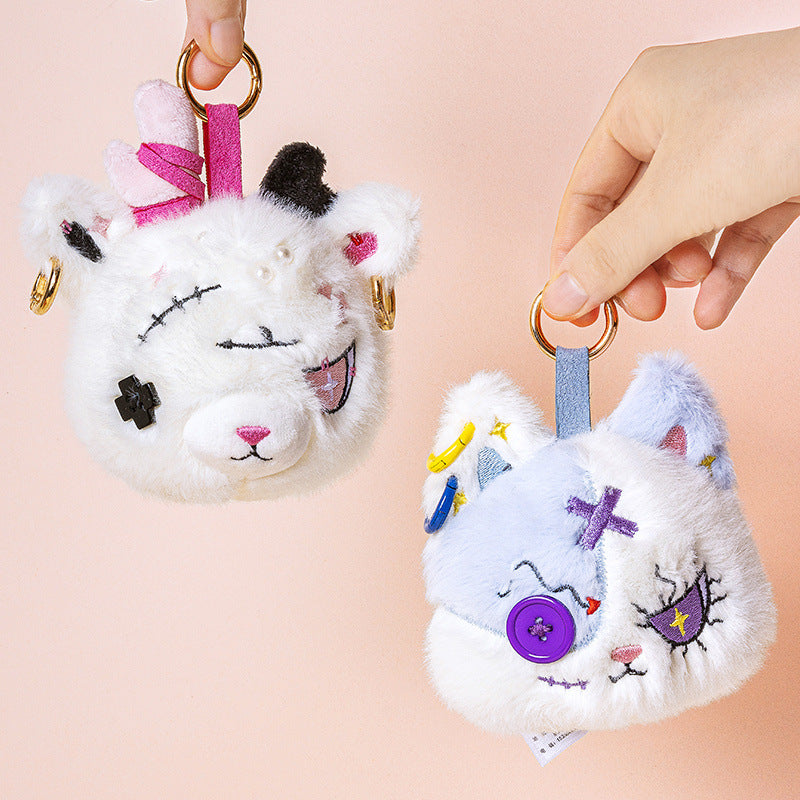 Faux-Fur Bunny Charm Key Fob with Embroidered Patchwork Face and Gold Metal Ring Kalsten