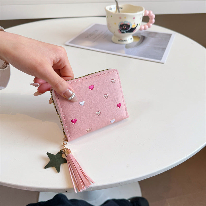 Compact Heart Patterned Zip Wallet