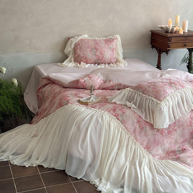 Romantic satin bedding set with floral watercolor print and lavish chiffon ruffle