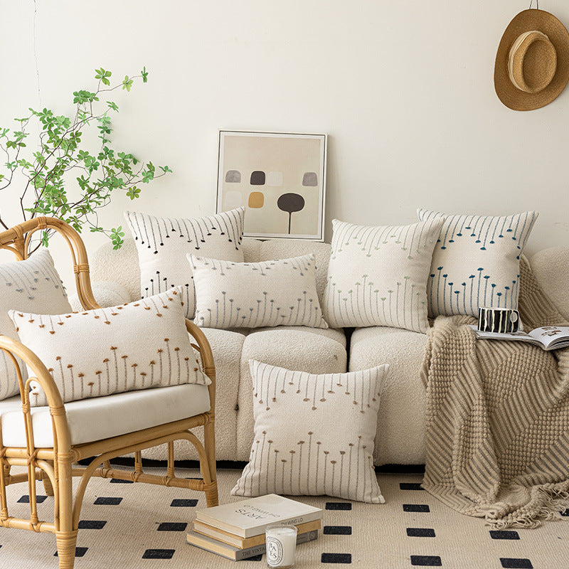 Handwoven Cotton Square Throw Pillow Cover with Tufted Linear Embroidery and Hidden Zipper